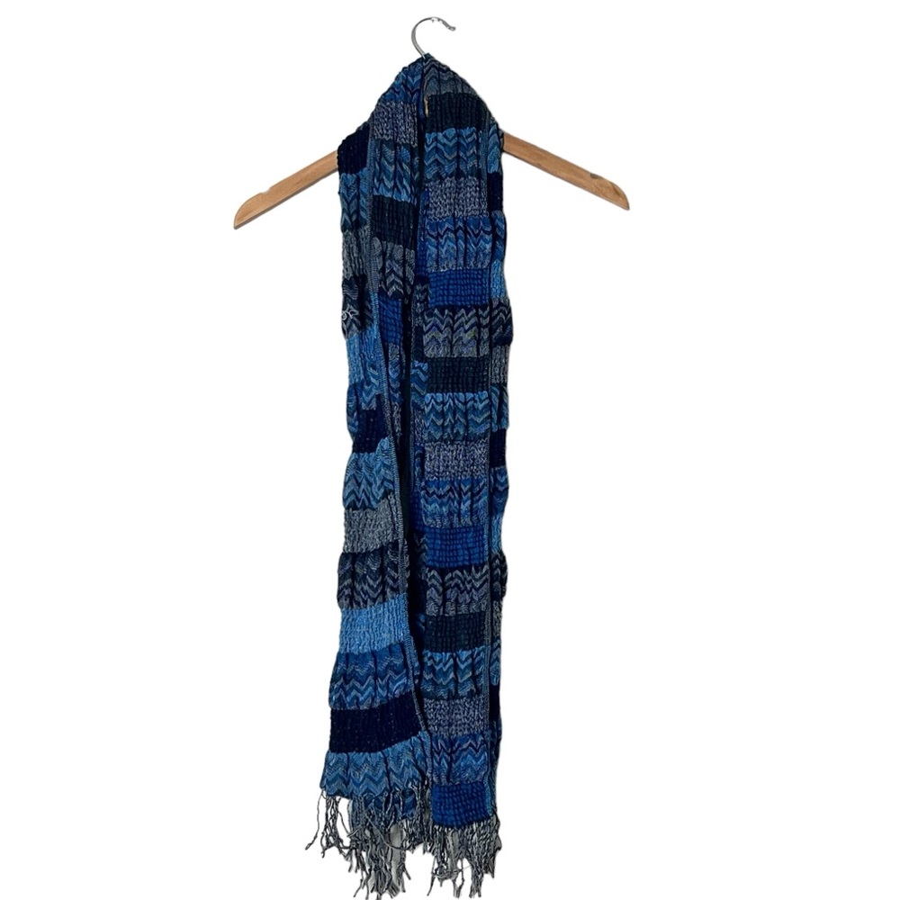 Blue striped fringe crinkle scarf wrap